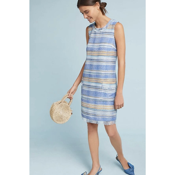 Akemi + Kin Anthropologie Striped Tweed Shift Dress Size 8 Blue Yellow Fringe - Picture 1 of 9
